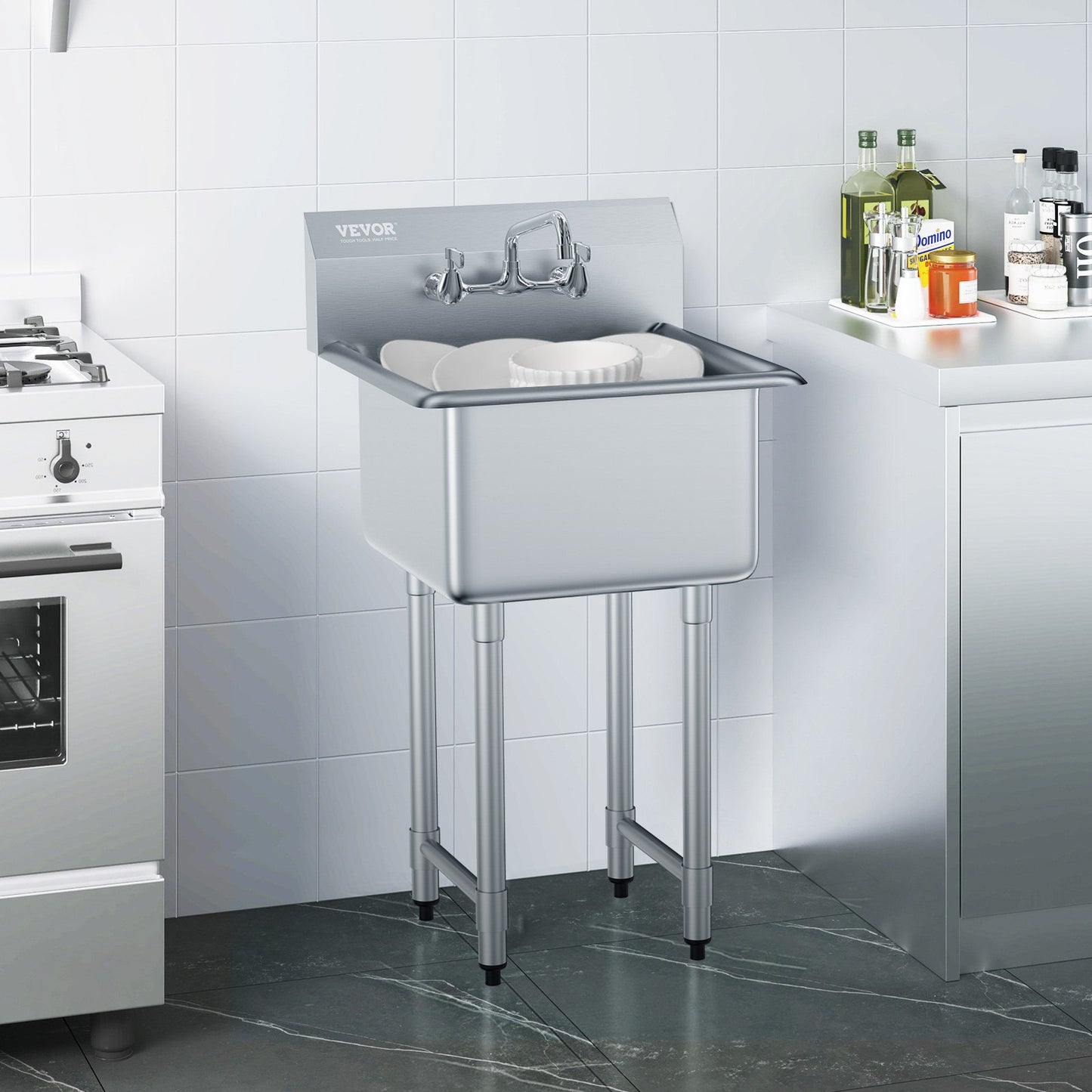 Heavy Duty Stainless Steel Utility Sink with Faucet & Legs - 21"x41"