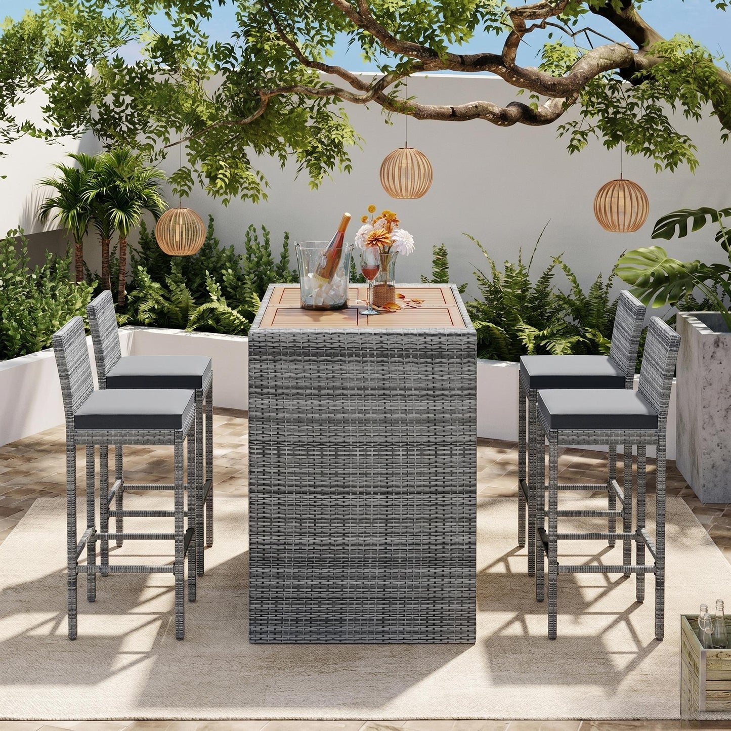 GO 5-pieces Outdoor Patio Wicker Bar Set, Height Chairs With Non-Slip