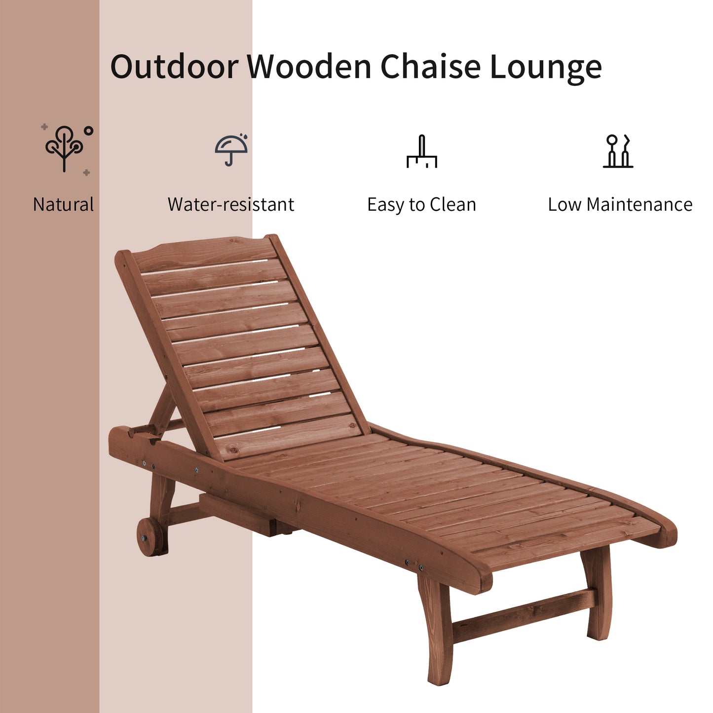 Chaise Lounge Chair - Outdoor Wooden Chair with Adjustable Backrest & Wheels