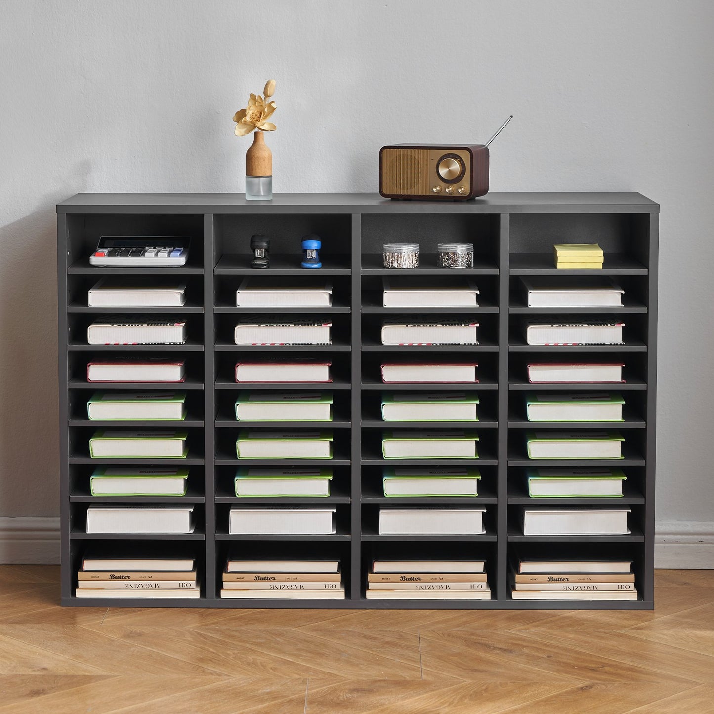 36-Compartment Literature Organizer - Wooden Mailbox Sorter, Grey