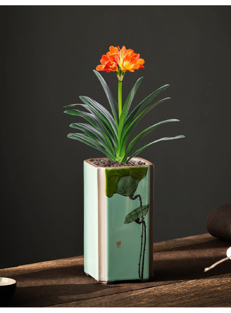 Indoor Decorative Ceramic Flower Pot with Support - Retro Square Design