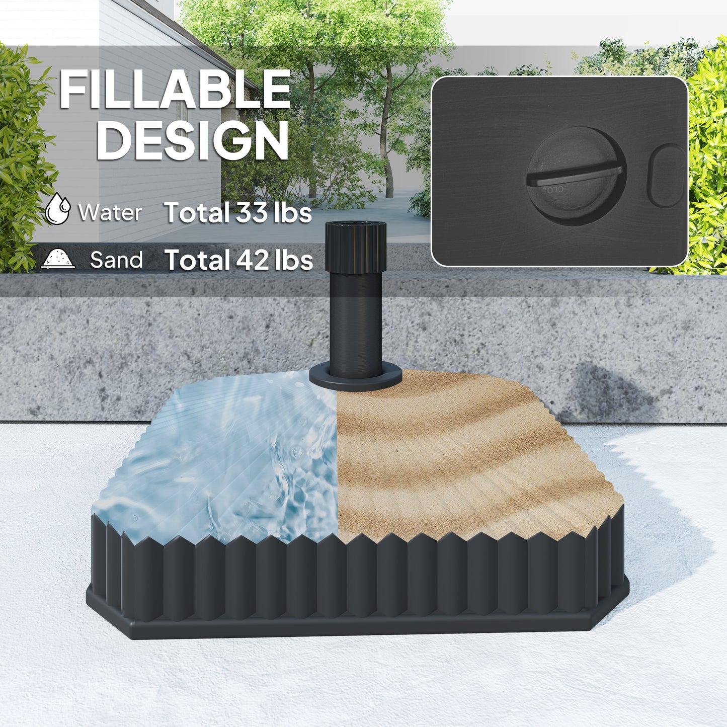 Heavy Duty Square Umbrella Base - 42lbs Sand/33lbs Water, Black