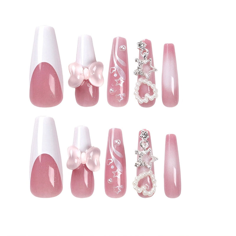 24-Piece Bear and Bowknot Press-On Nails - Long Square Fake Nail Set - Pink