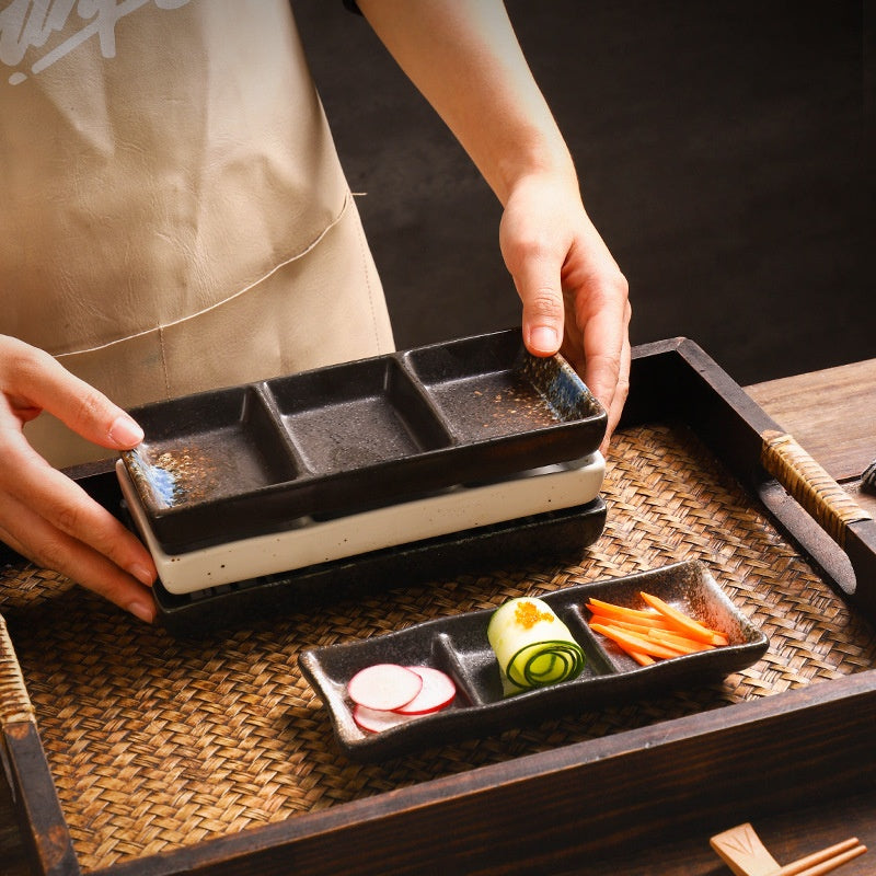 Rectangular Ceramic Sauce Dish with Three Grid Sections - Japanese Style Kitchenware