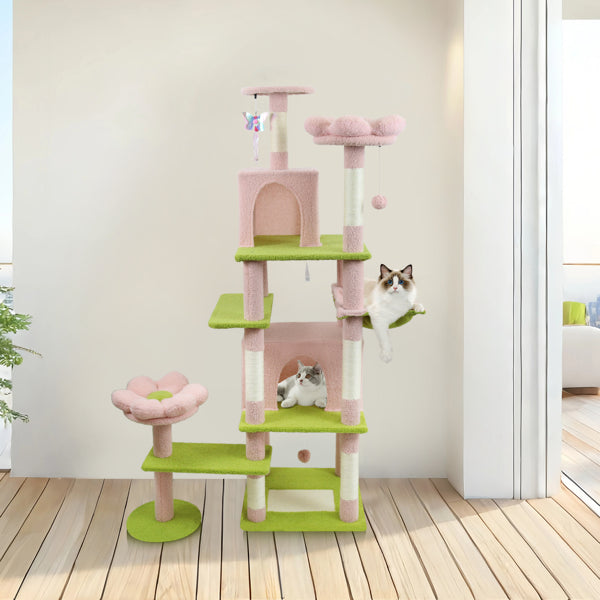 Pink 71-Inch Cat Tree with Condo, Removable Flower Cushion & Hammock