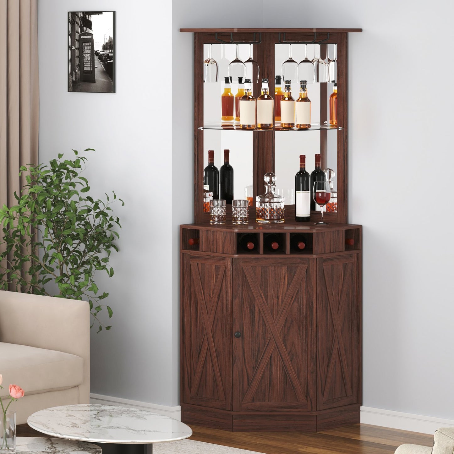 Corner Bar Cabinet with Wine Glass Holder - Black Walnut