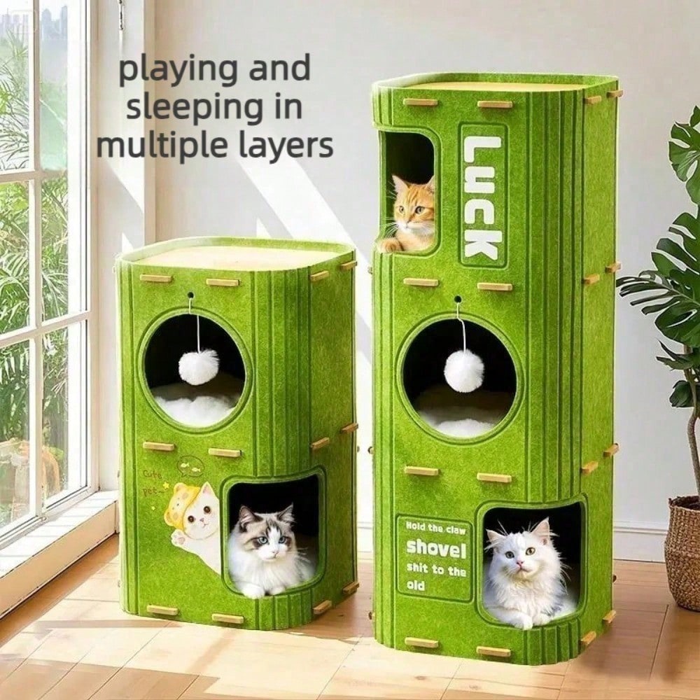 Multi-Level Felt Cat Tree Tower with Hideaways & Interactive Toy - Space Saving Indoor Cat Condo