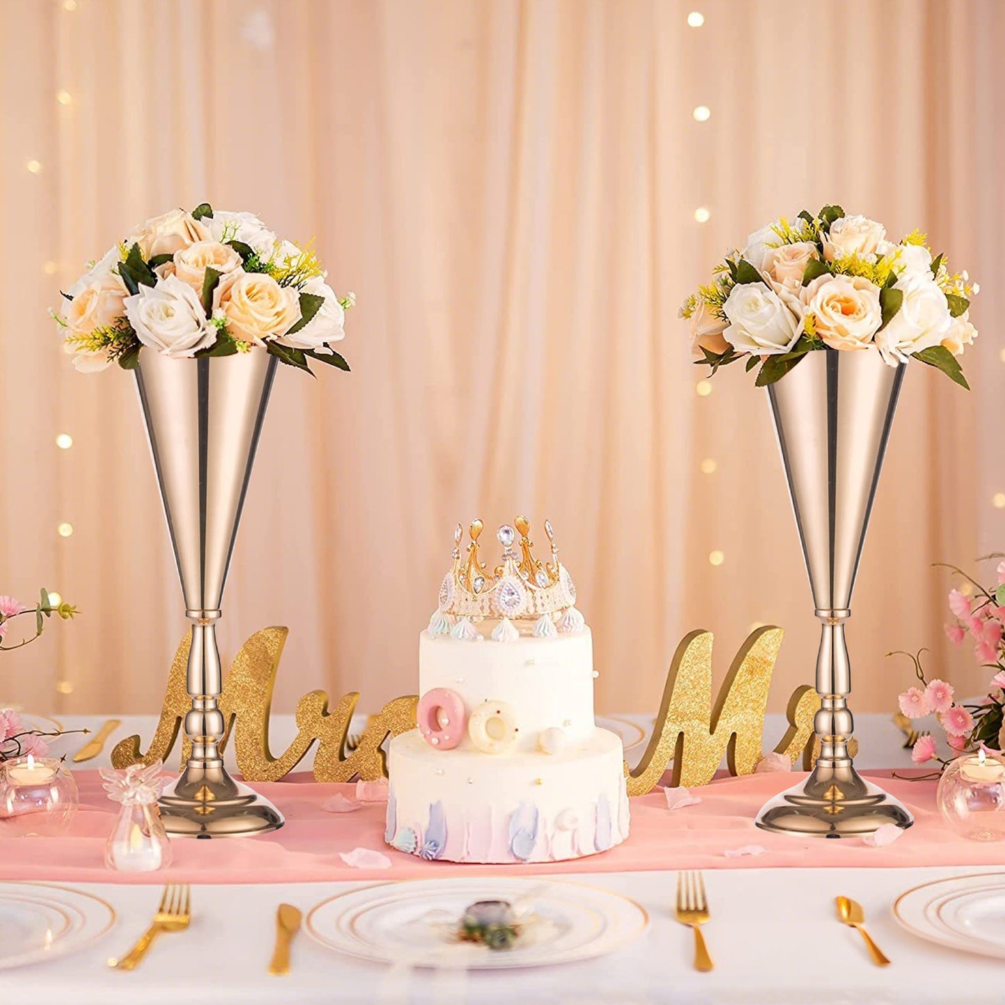 2 Pack Golden Metal Flower Vases for Wedding Centerpieces