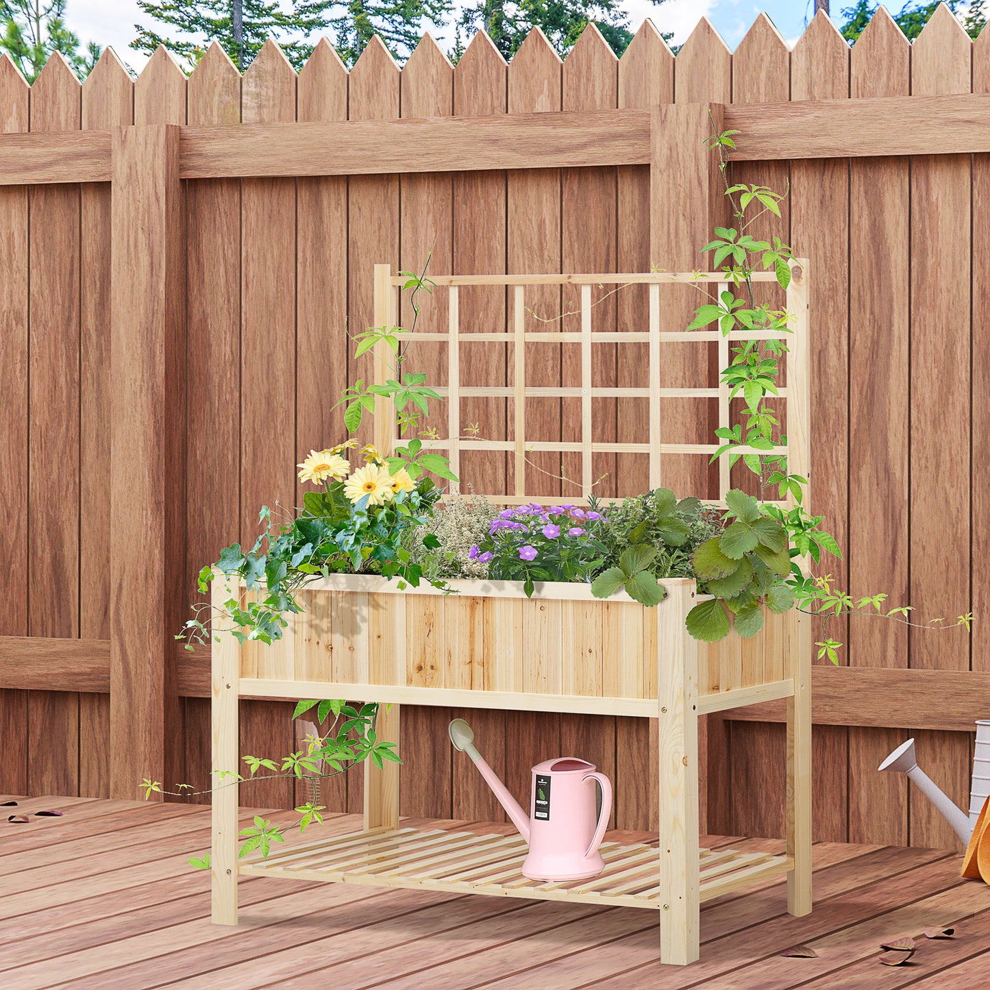 Wooden Raised Garden Bed with Trellis and Open Storage Shelf - Natural, 1235x670x165mm