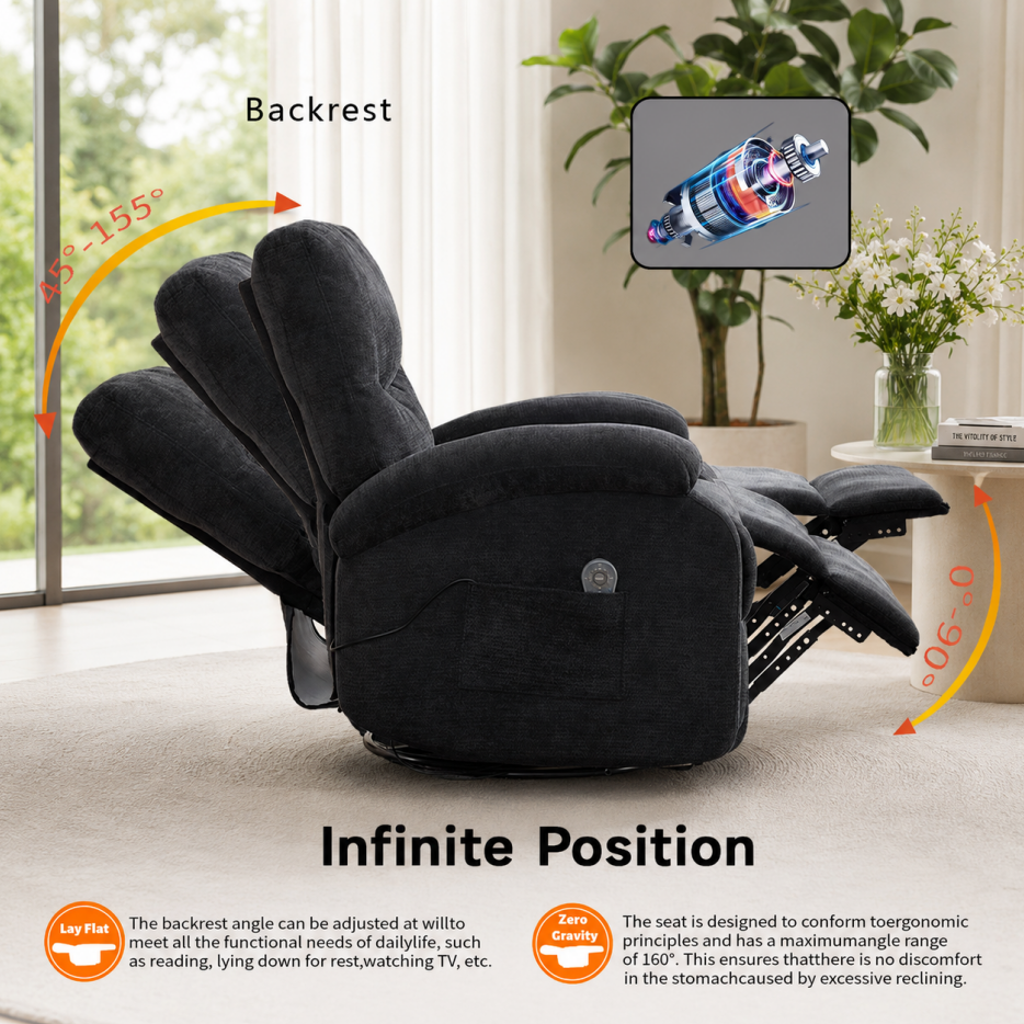 Extra-Large Manual Lift Recliner Chair with Heat & Massage - Black