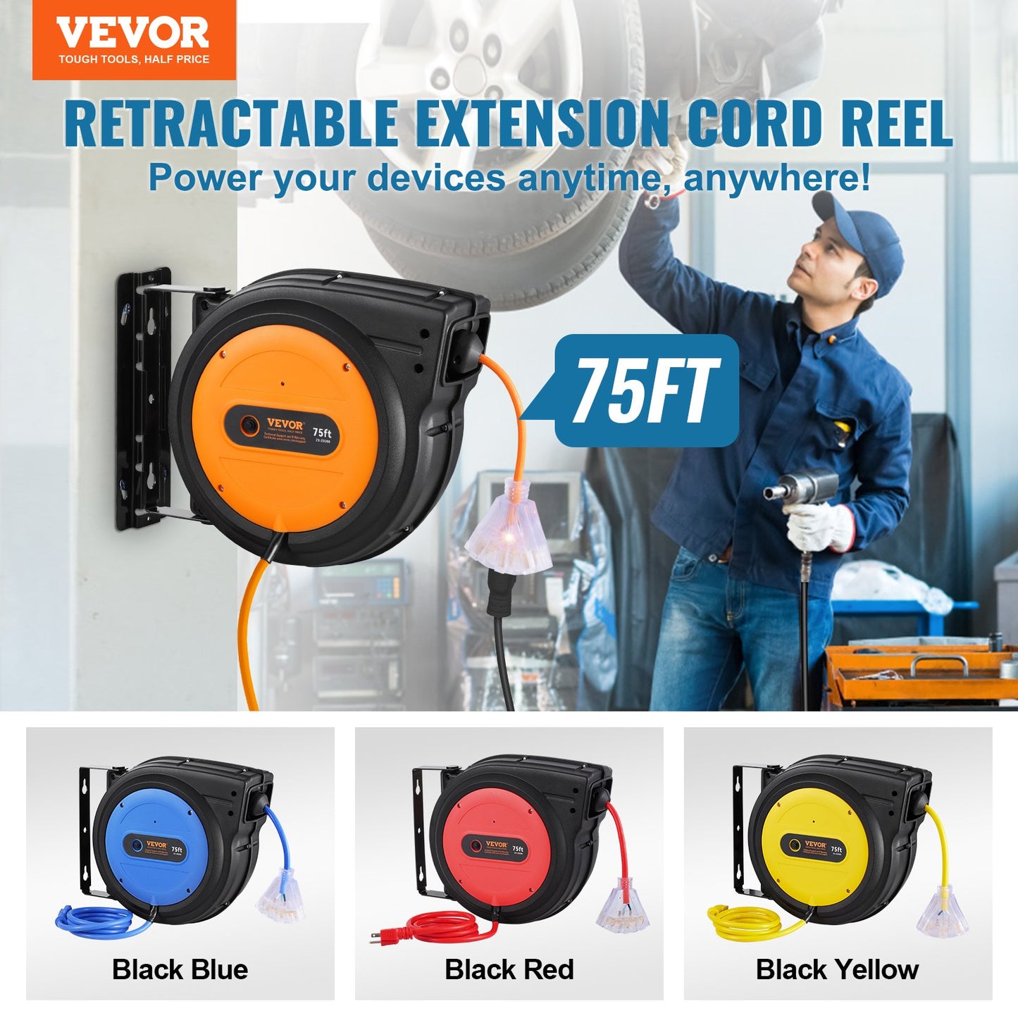 75FT Retractable Extension Cord Reel with 3-Outlets, Water-Resistant Power Cord