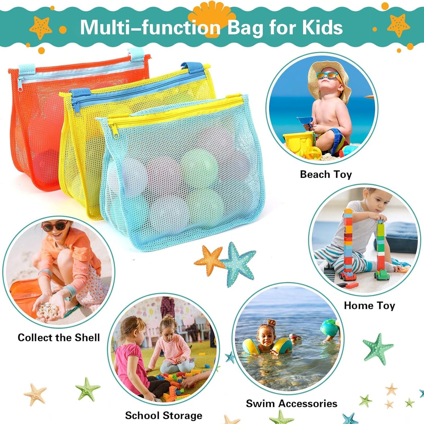 3 Pack Mesh Beach Bag for Shell Collecting - Durable & Adjustable