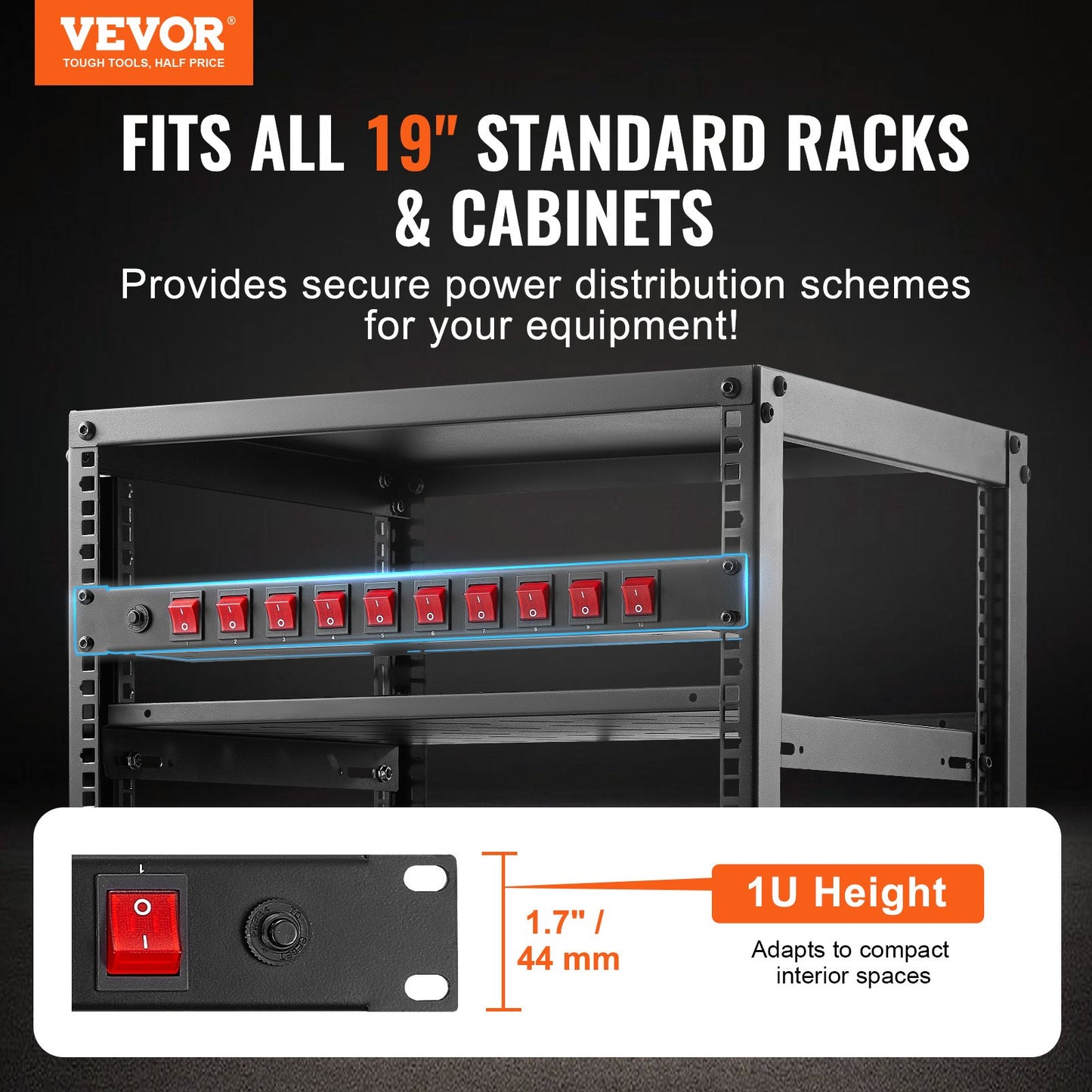 19-Inch Rack Mount Power Strip with 10 Outlets and Surge Protection - Black