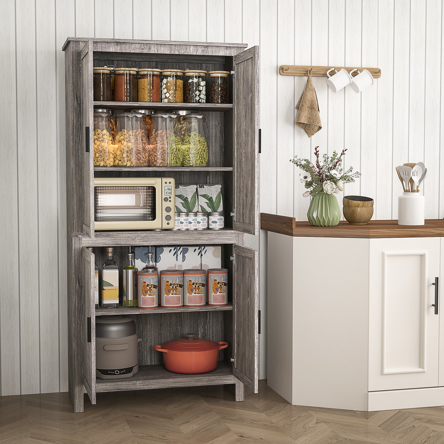 64-Inch Freestanding Kitchen Pantry Storage Cabinet - Gray Oak