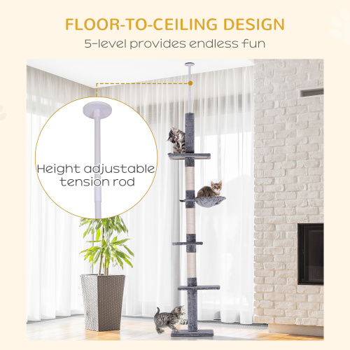 9 Foot Adjustable Floor-to-Ceiling Cat Tree in Grey & White