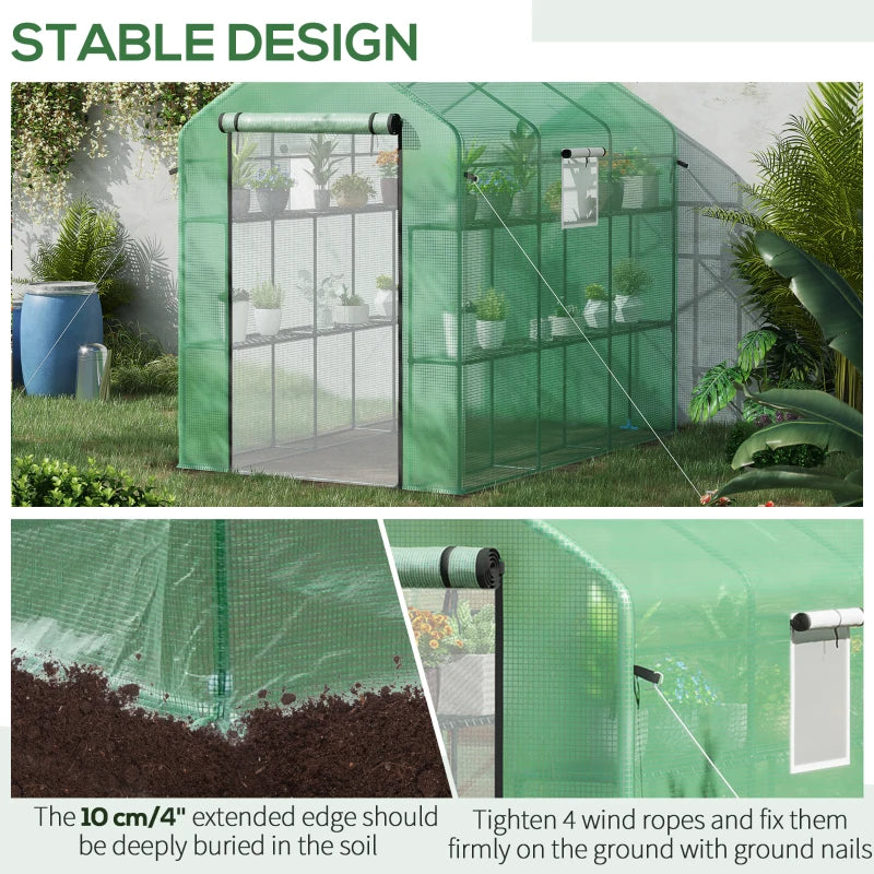 Walk-In Greenhouse for Outdoors with Mesh Door & Windows - 18 Shelves, UV Protection, Plant Labels, Green
