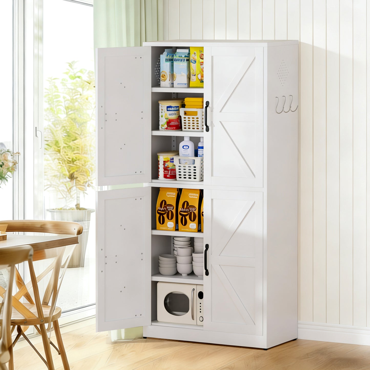 White Steel Kitchen Pantry Storage Cabinet With Adjustable Shelves,