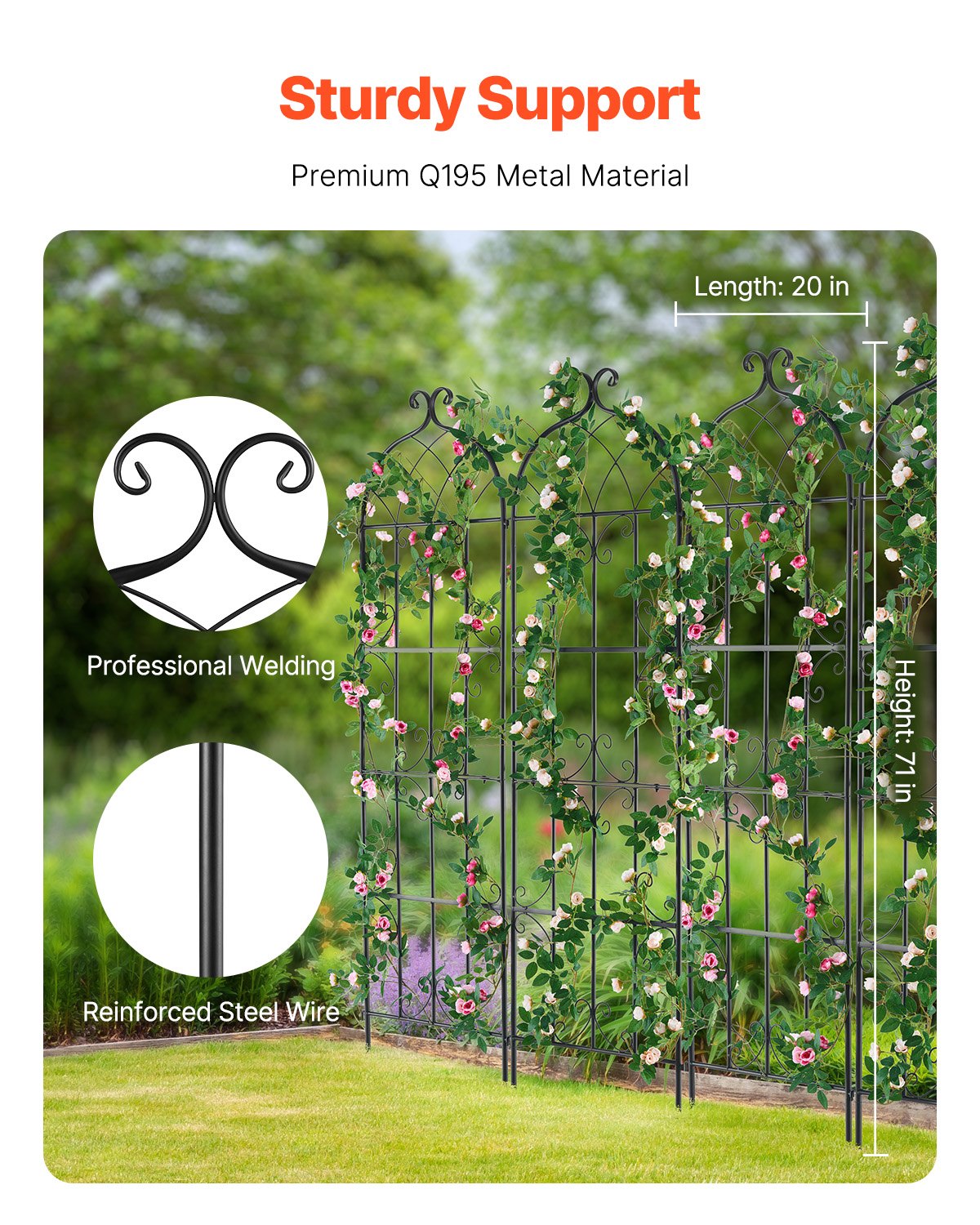 Metal Garden Trellis Support for Climbing Plants - Rustproof 71x20 in Black, Pack of 4