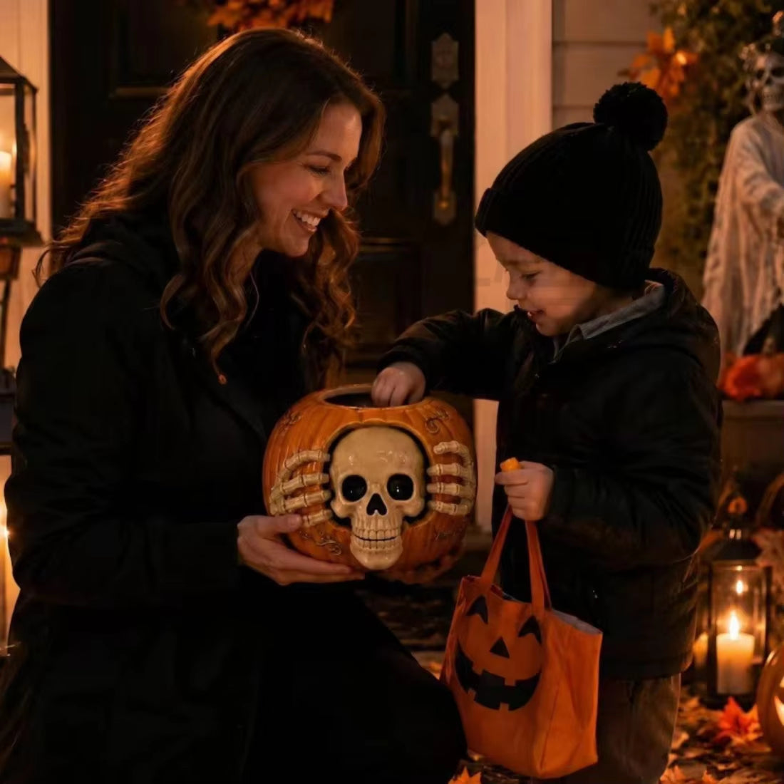 Halloween Skull and Pumpkin Candy Jar - Orange Resin Home Storage