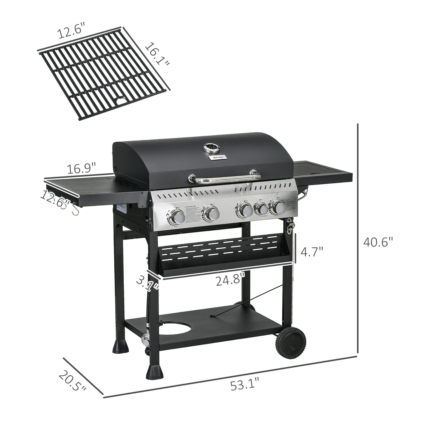 4-Burner Propane Gas Grill with Side Burner and Thermometer