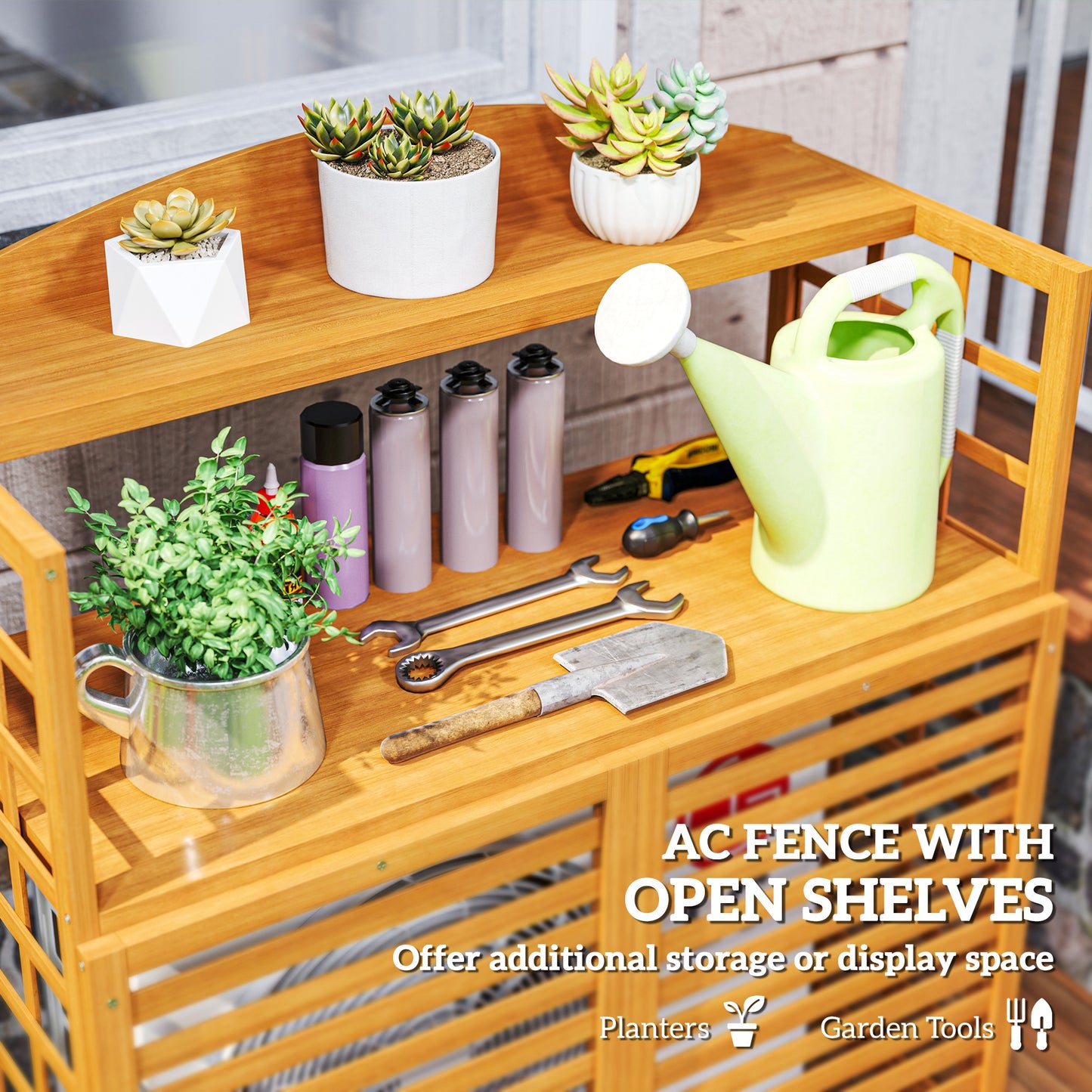 Outdoor Privacy Screen for Air Conditioner - Wood Fence with Shelves