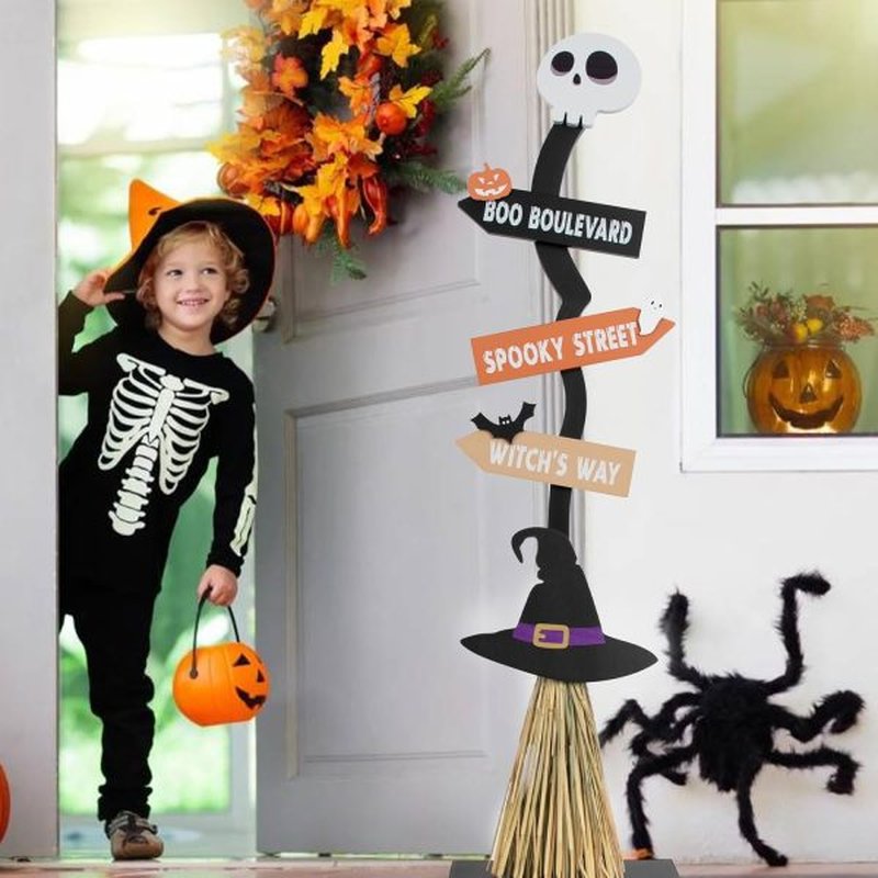 Halloween Glowing Wooden Witch Broom Decoration - Festive Holiday Decor