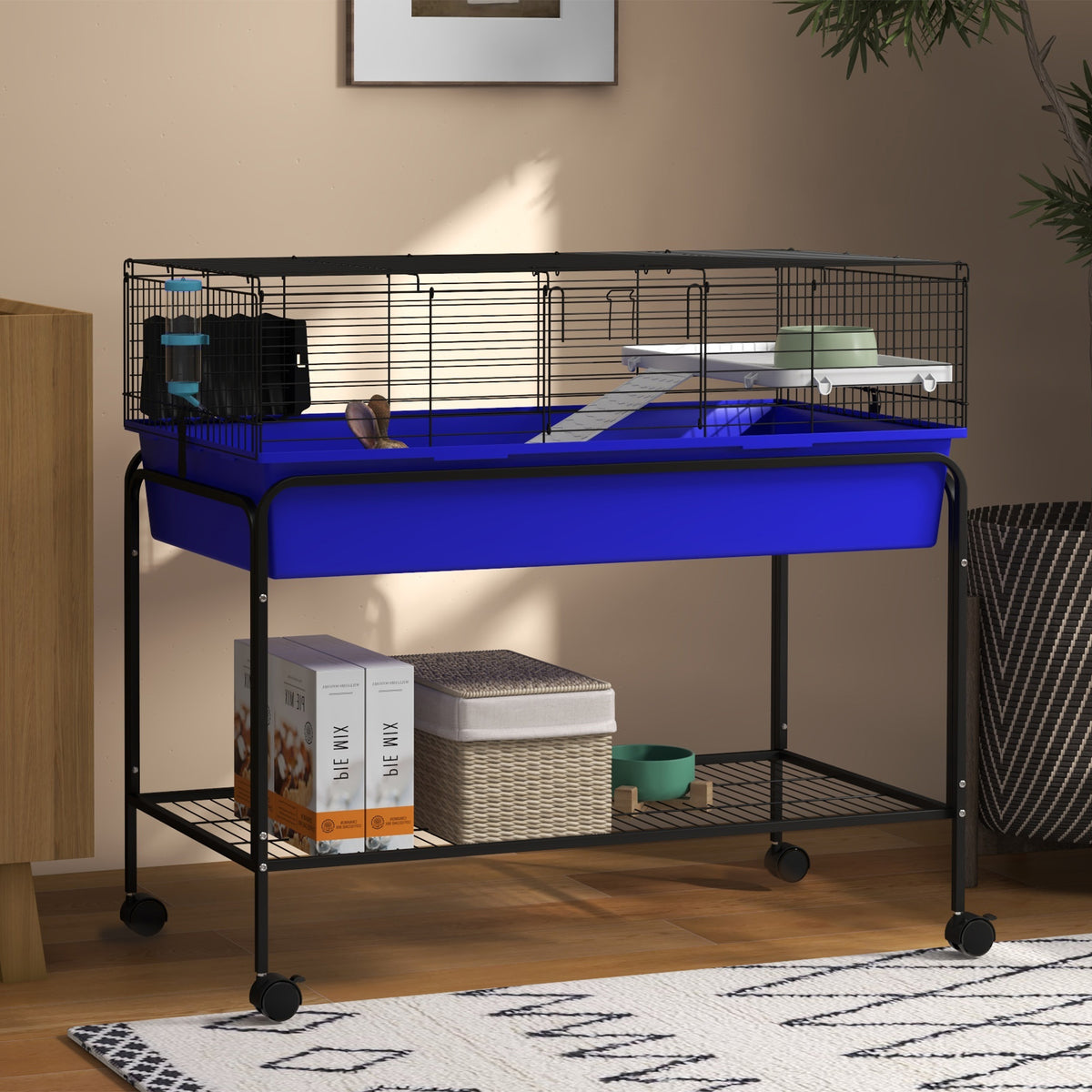 Small Animal Cage with Removable Stand, Wheels & Shelf - Blue, 39 x 20.5 x 36.5 Inches