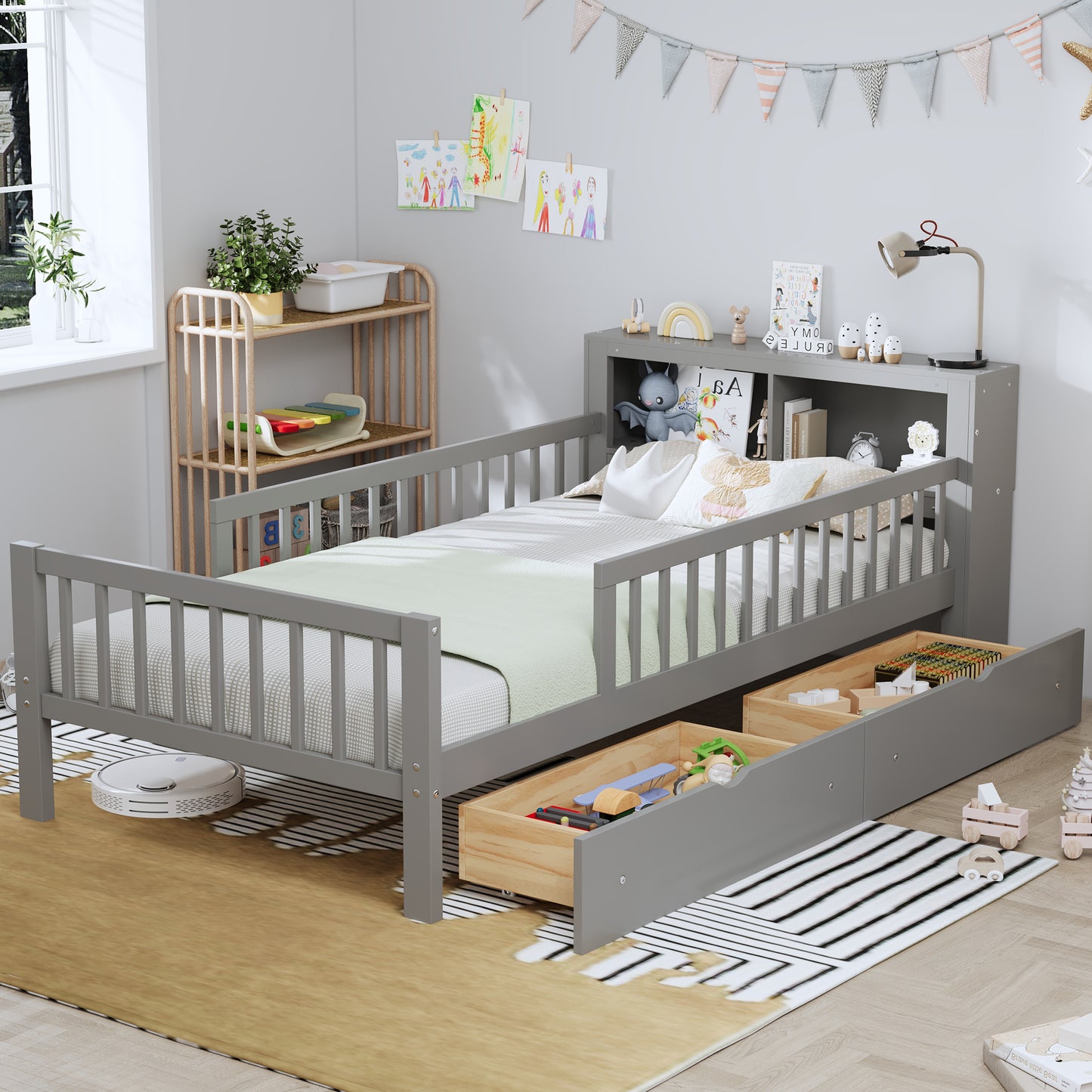 Twin Size Bed With Headboard Storage Rack, Two Under-Bed Drawers,