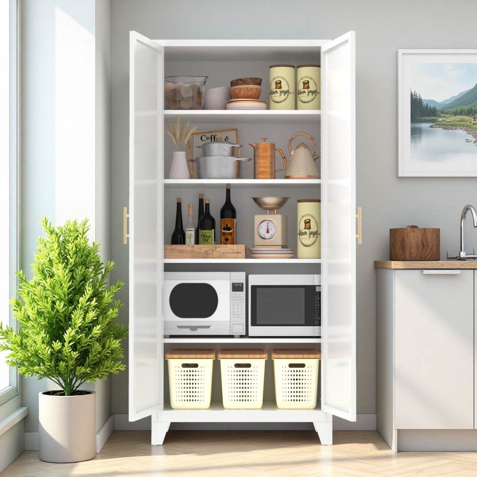 71'' Metal Storage Cabinet with Adjustable Shelves - White
