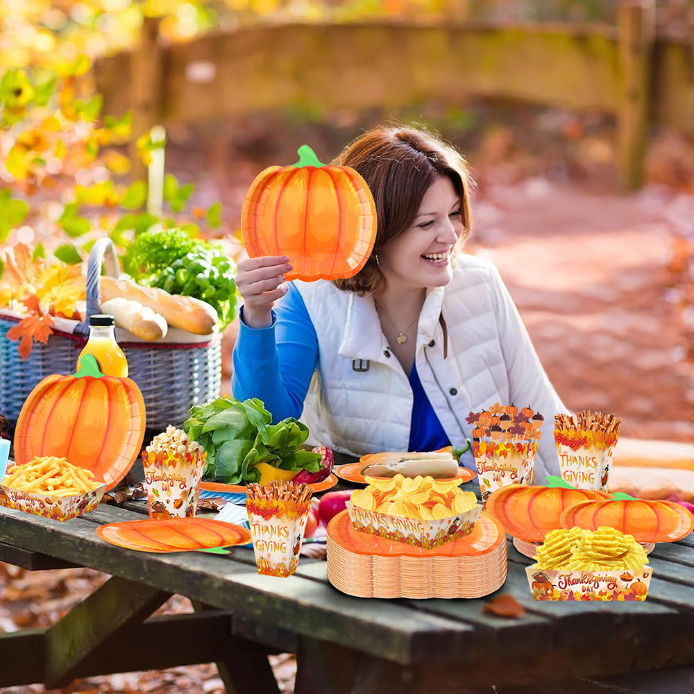Thanksgiving Party Tableware Set - 134 Pcs Pumpkin Plates & Picks