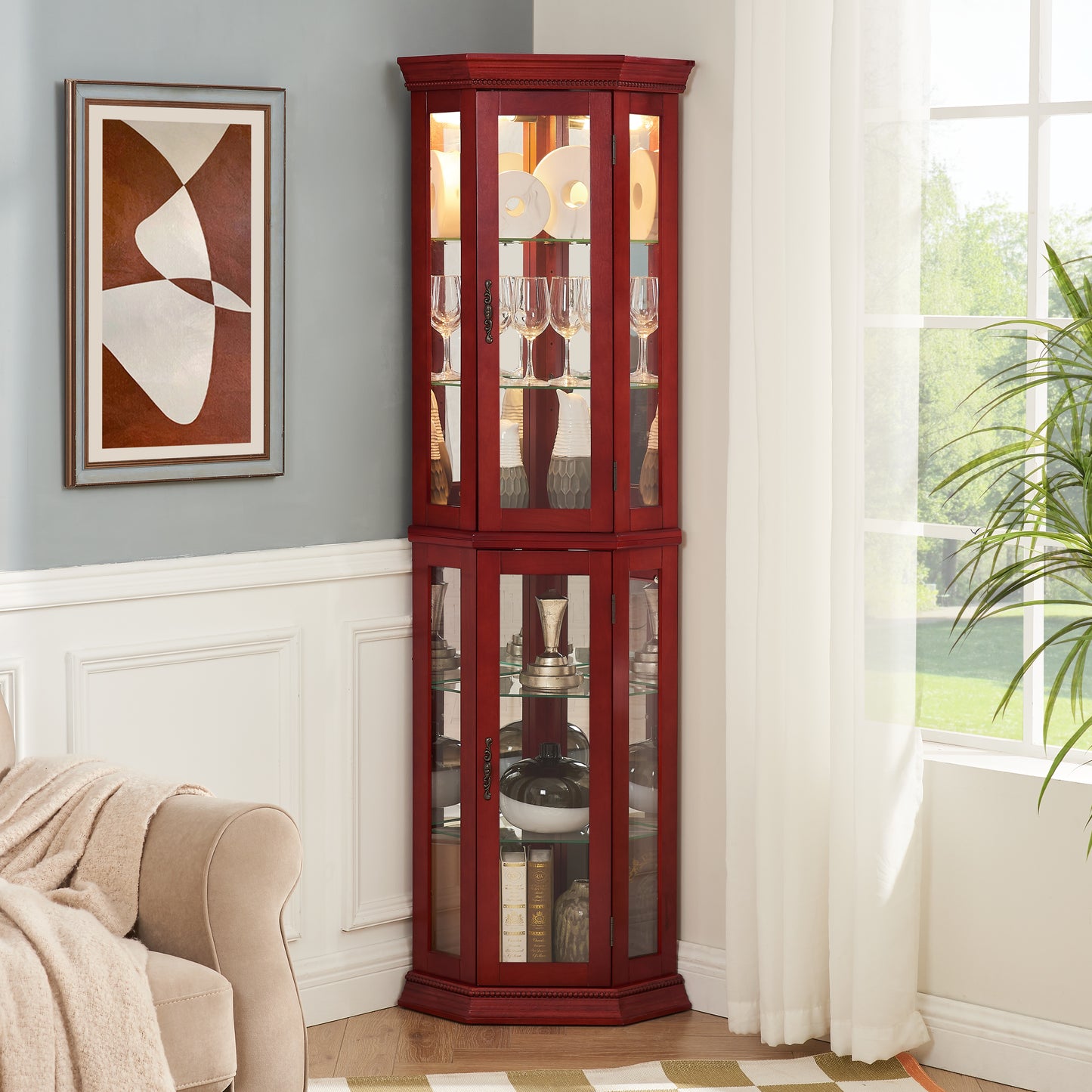 Corner Curio Cabinet Lighted Display, Glass Display Shelf Shelving