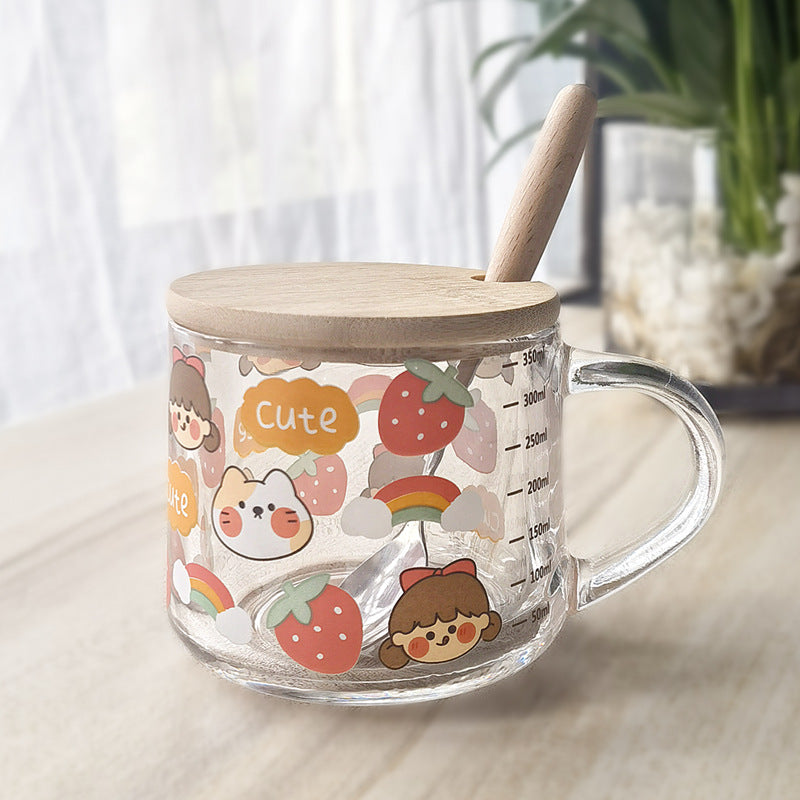 Minimalist Cartoon Glass Water Cup with Straw - Heat-Resistant, 400ML