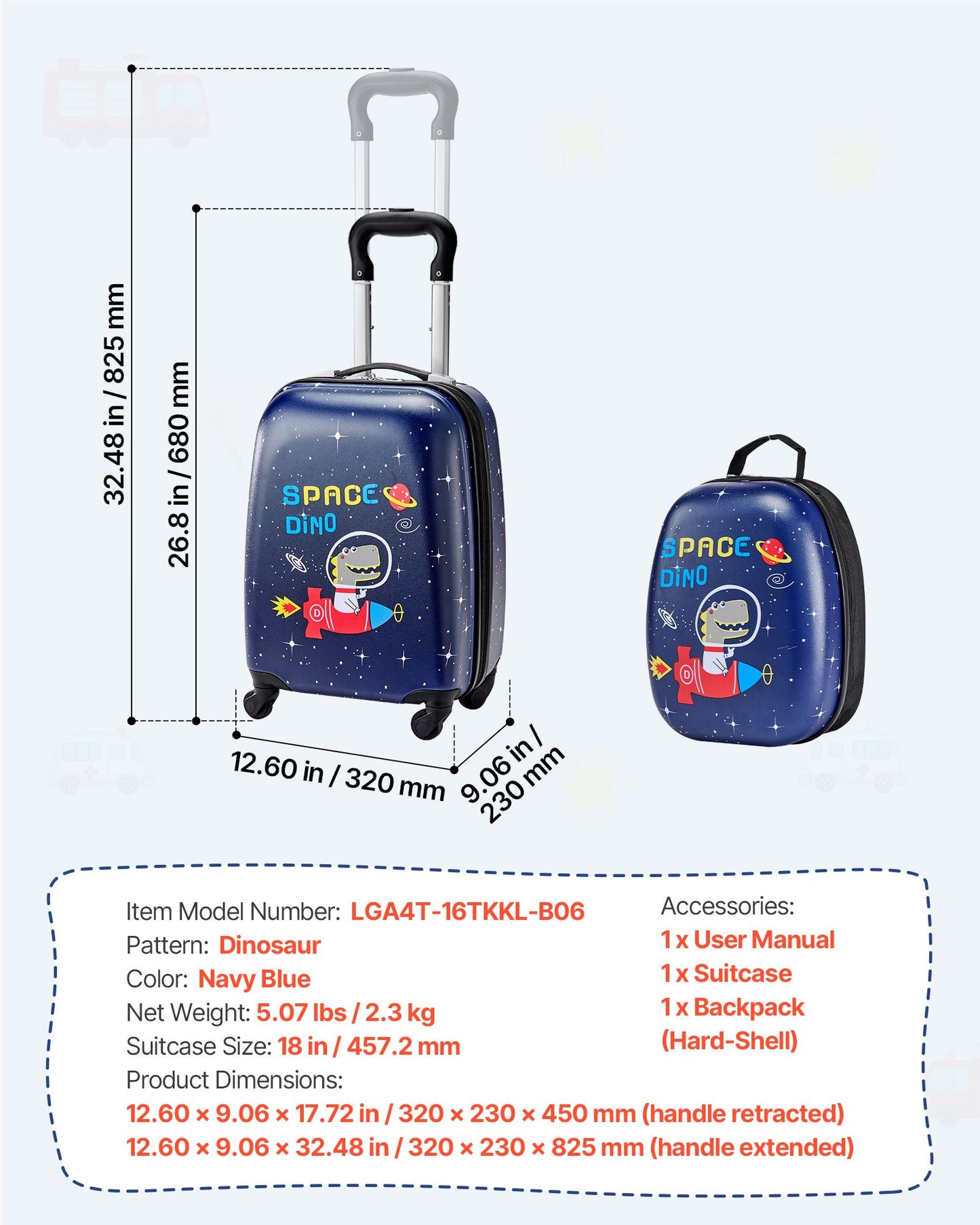 Kids Dinosaur Luggage Set - 18-Inch Hardside Carry-On Suitcase & Backpack, Airline Approved