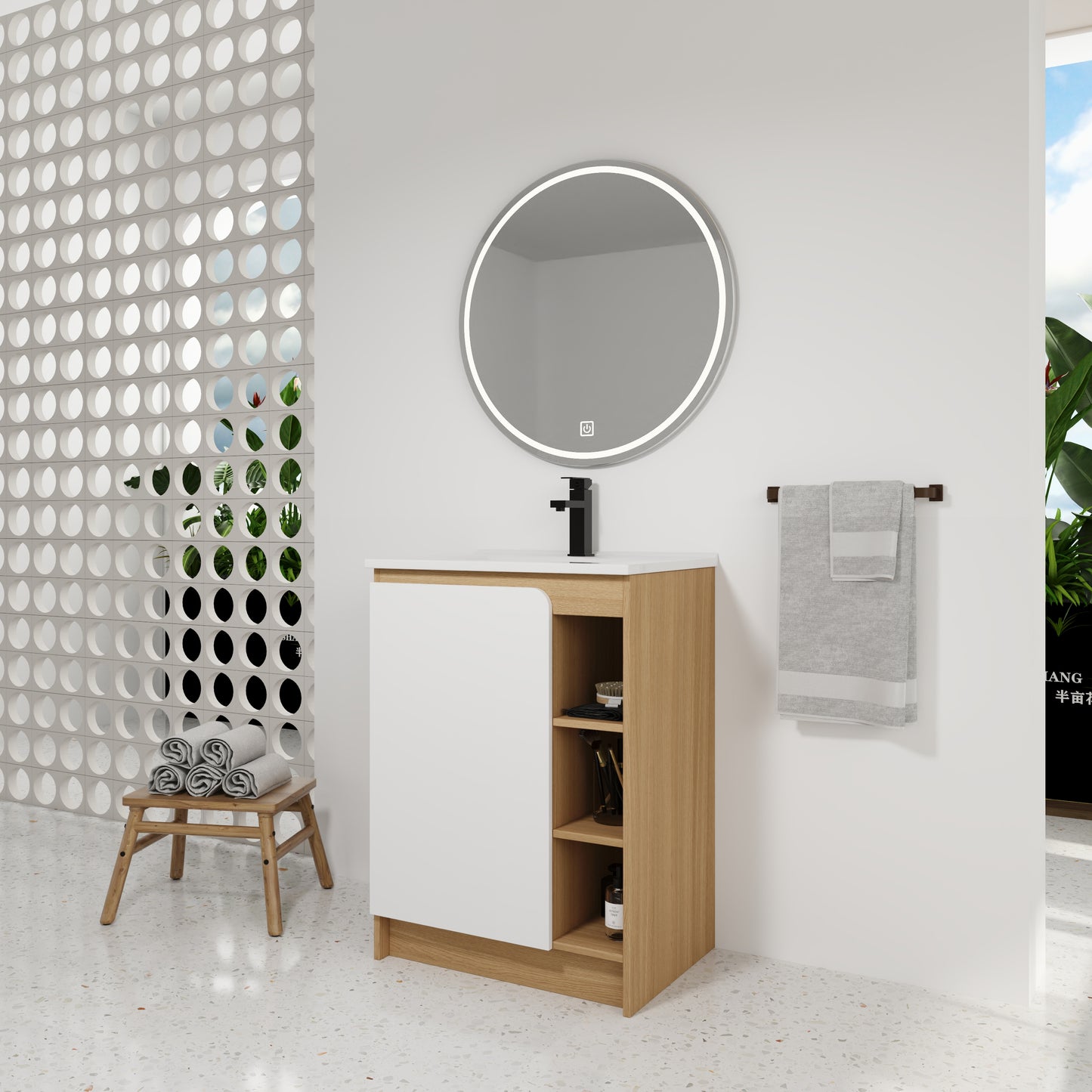 24" Light Oak Bathroom Vanity with Ceramic Sink & Open Shelves