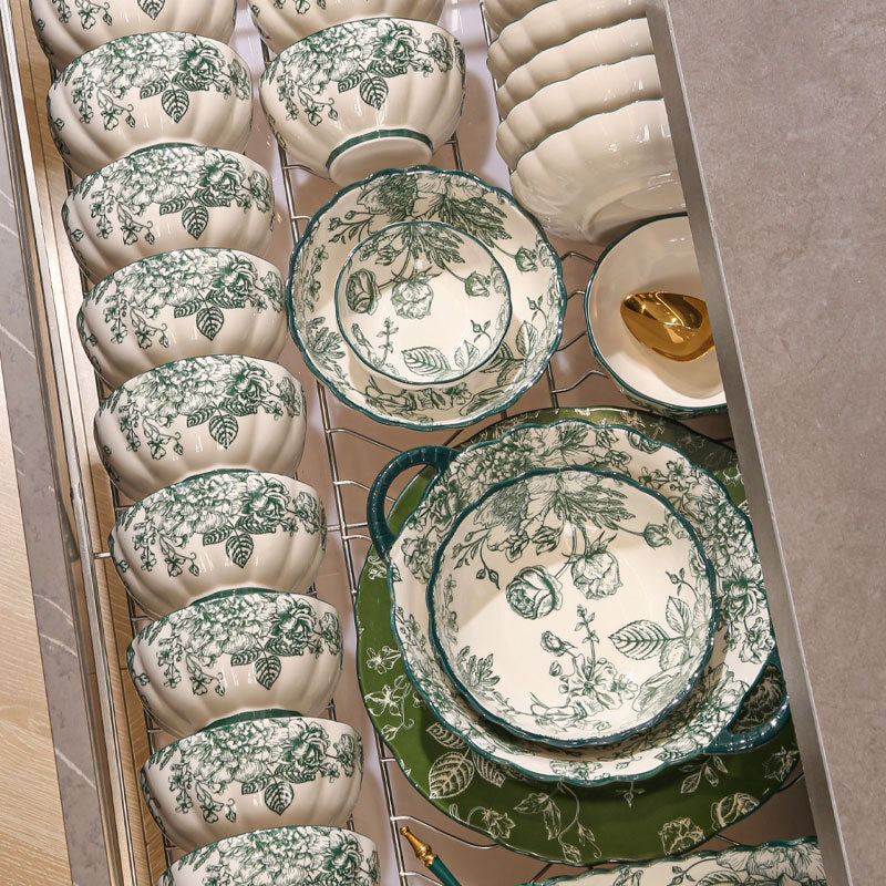 European-Style Porcelain Dinnerware Set with Rice Bowls & Plates - Rose Manor
