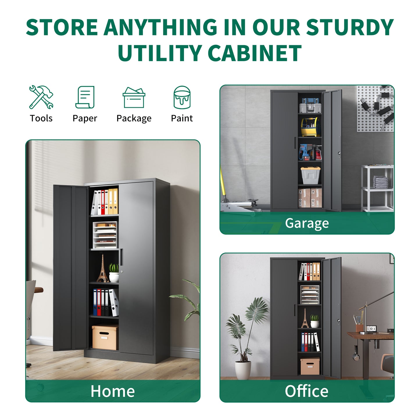 72 H Metal Garage Storage Cabinet, Black Tool Steel Locking Cabinet