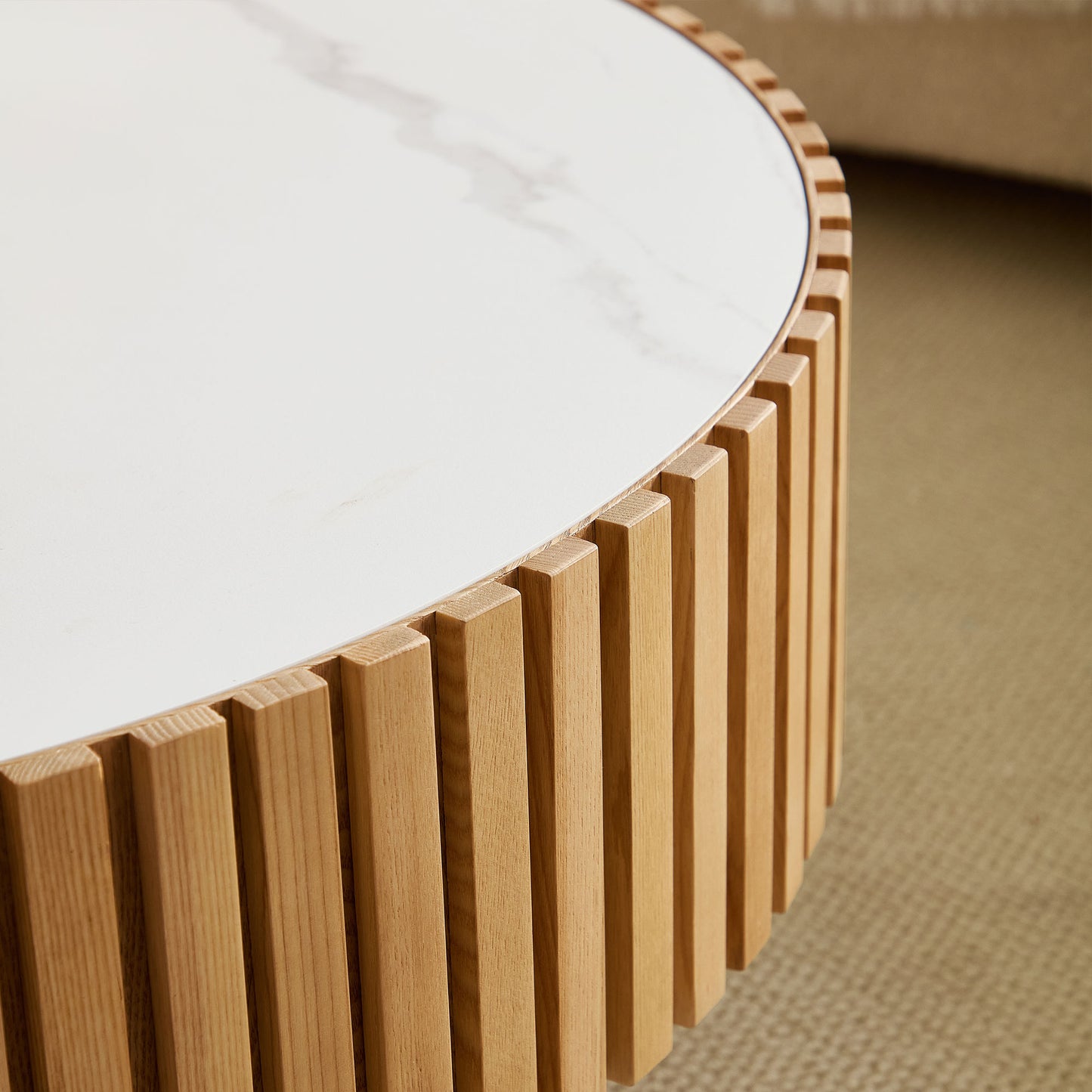 Modern Round Coffee Table with Sintered Stone Top - Oak