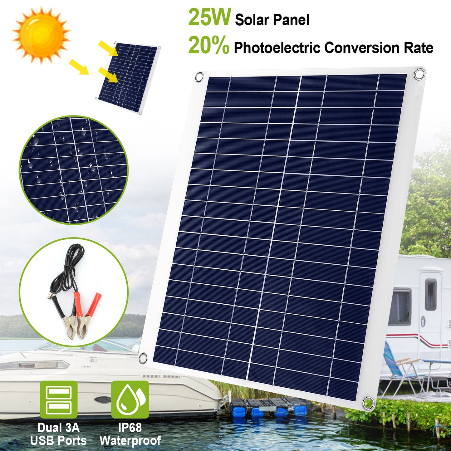 12V 25W Outdoor Solar Panel Battery Charger with Dual USB Ports