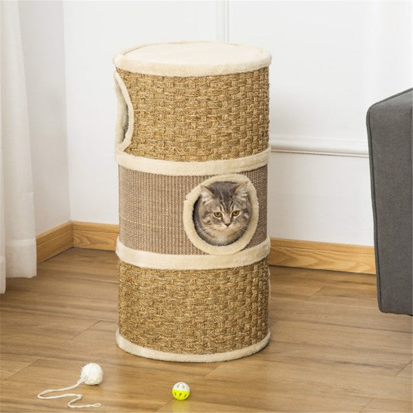 Wooden Cat Tree Tower with Scratching Posts and Cozy Hideouts - Multi-Color