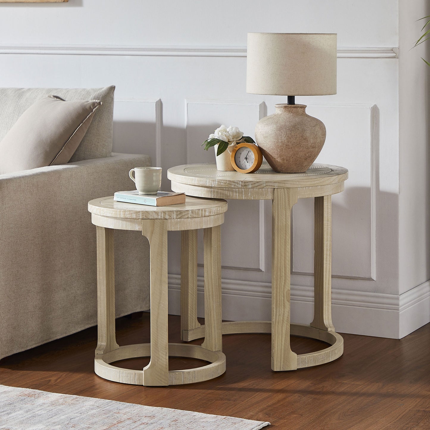 24-Inch Round Wooden Coffee Table Set - Oak Finish, 2-Piece