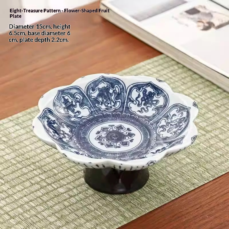 Blue and White Hand-Painted Ceramic Fruit Bowl - High Footed Decorative Centerpiece