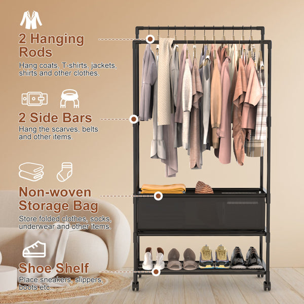 3 Tiered Portable Clothing Rack For Bedroom Entryway Double Hanging