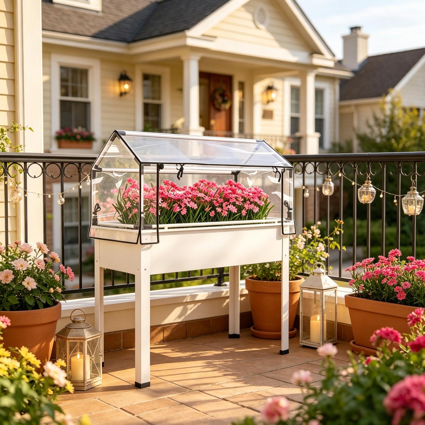 Elevated Garden Bed with Greenhouse - White Raised Planter Box