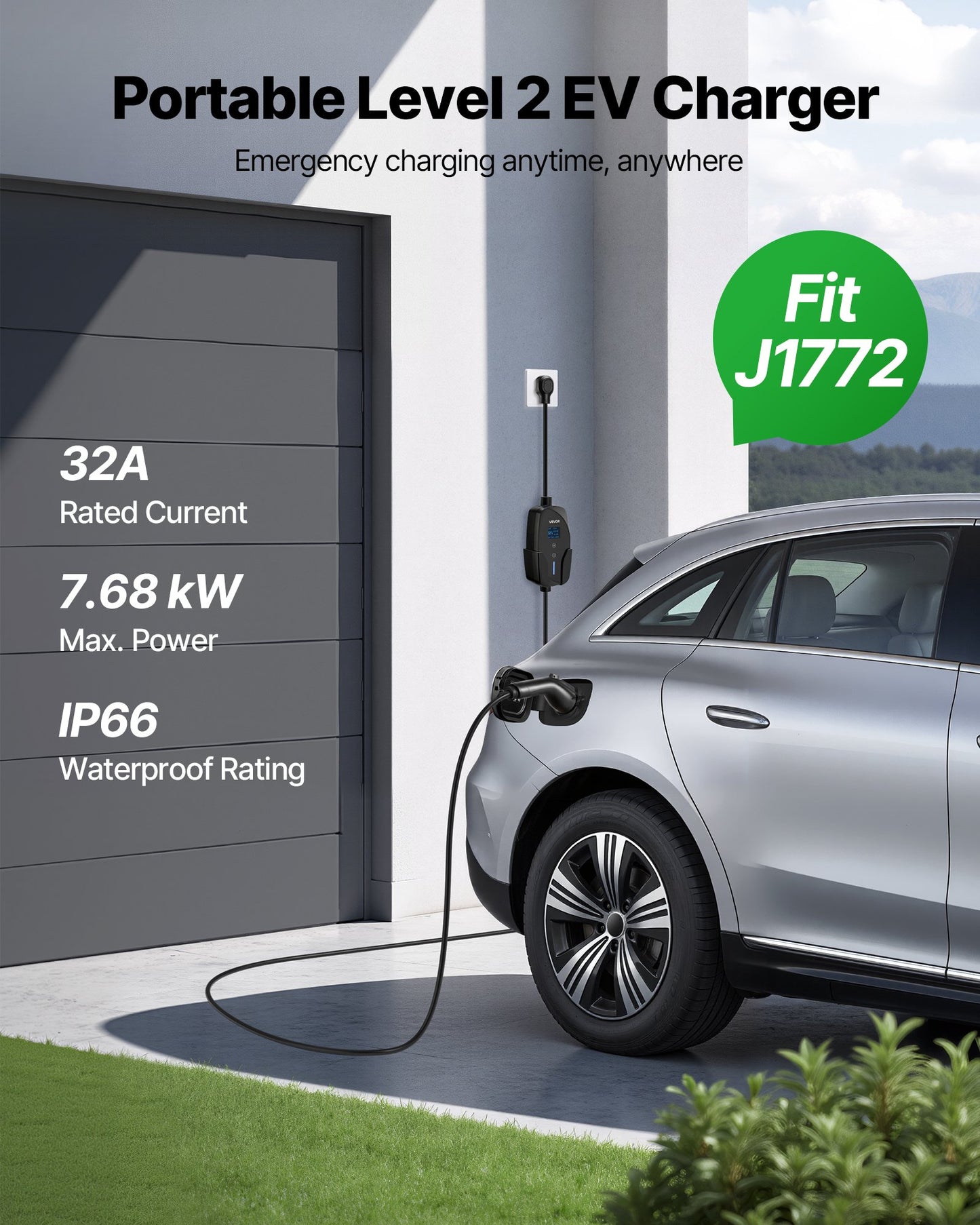 Portable Level 2 EV Charger 32A 240V NEMA 14-50P with 25ft Cable - Black