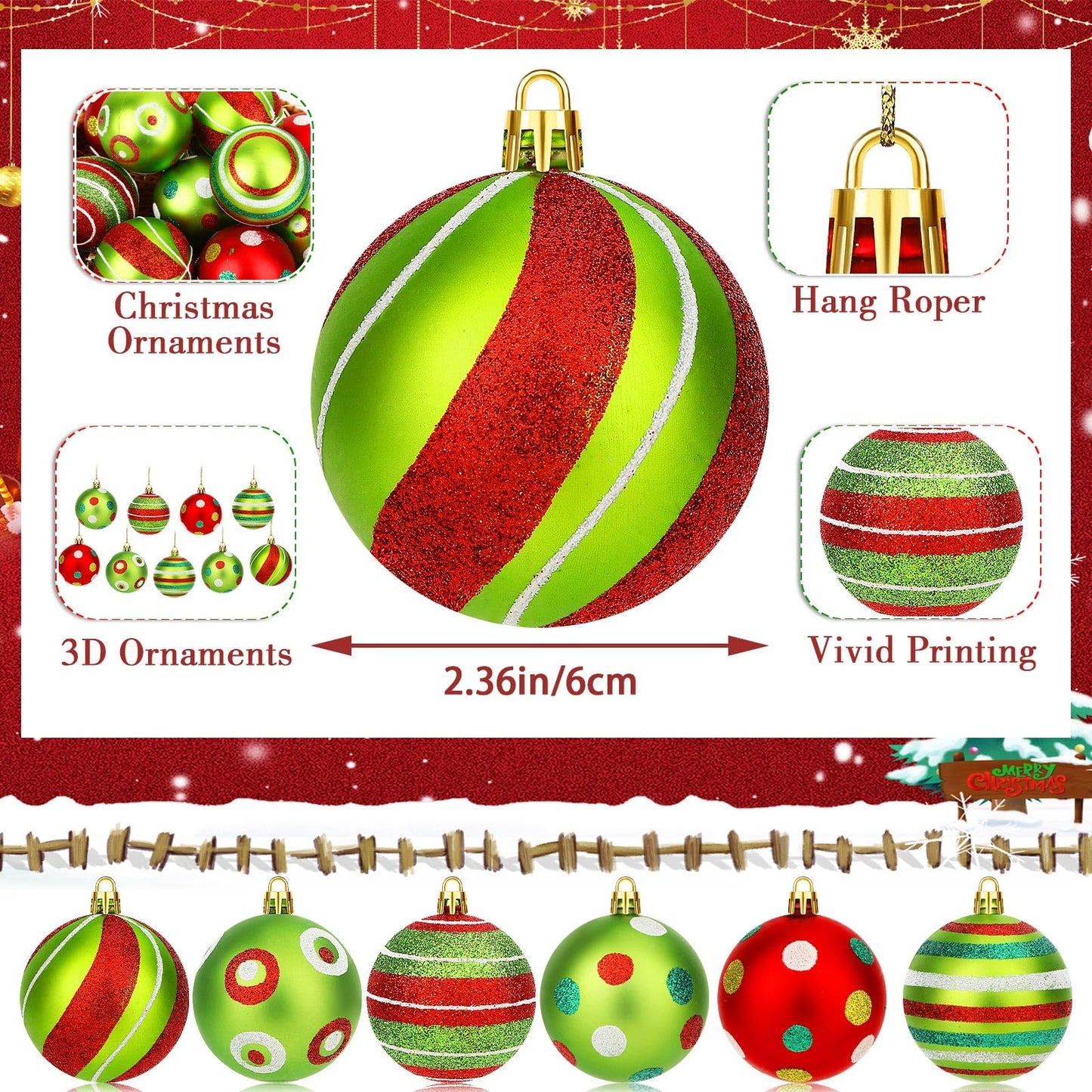 24PCS Red and Green Christmas Ball Ornaments - Holiday Decor
