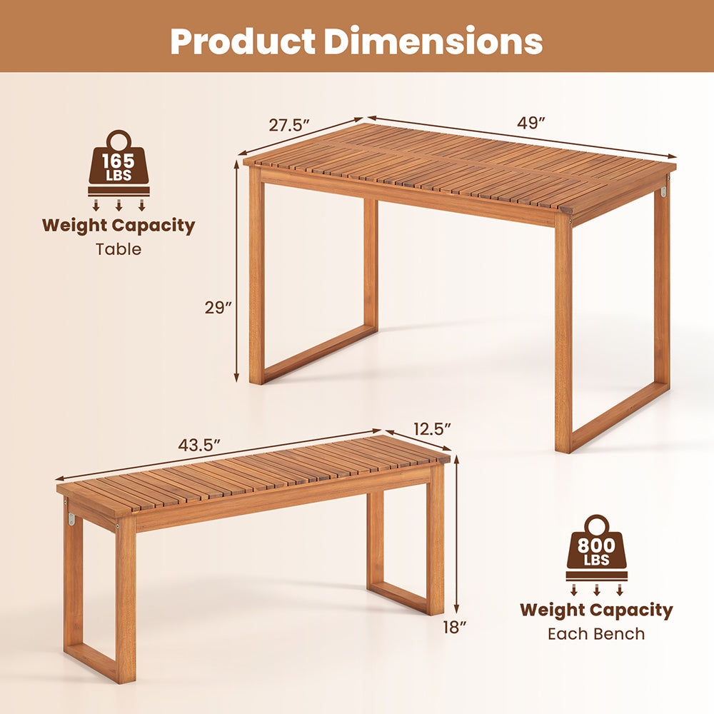 3 Pieces Acacia Wood Picnic Set With Outdoor Dining Table And 2