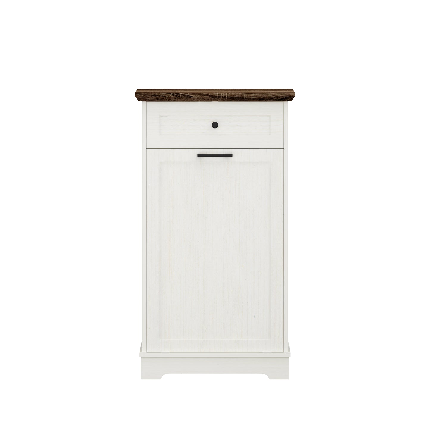 Tilt-Out Trash Cabinet - Freestanding Wood Recycling Bin with Drawer, Antique Brown & White