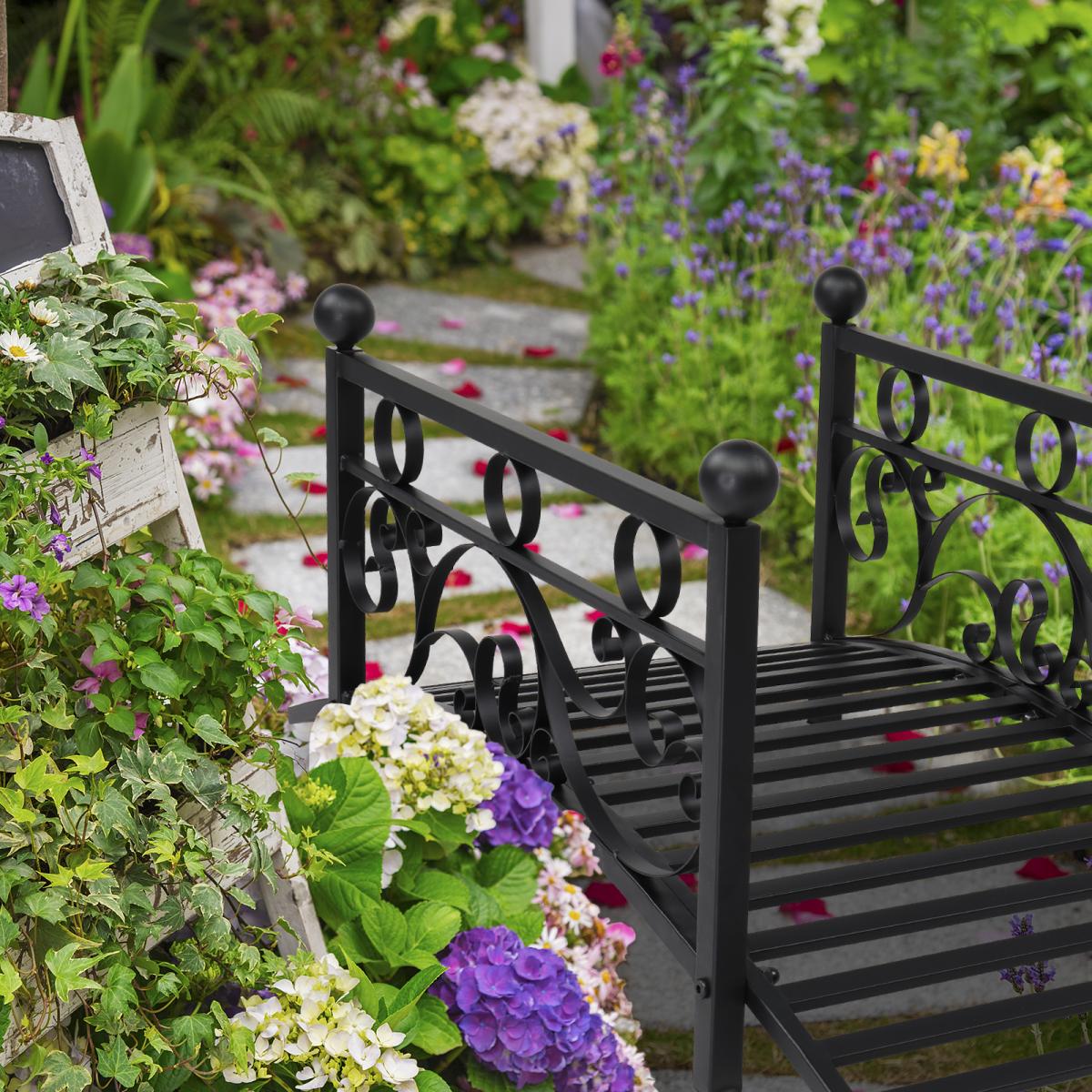 Metal Garden Bridge Outdoor Patio Pond Bridge with Powder-Coated Finish and Security Guardrail - Black