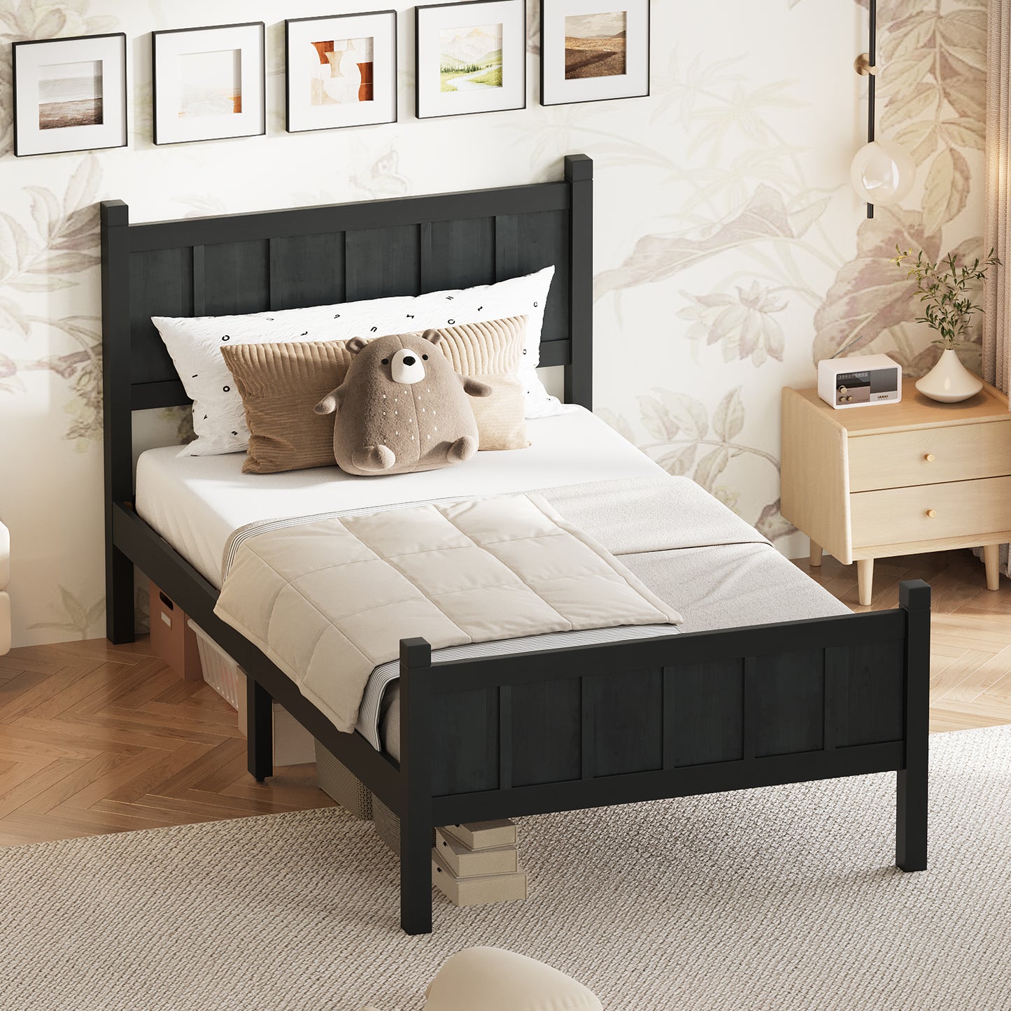 Twin Size Flat Panel Bed With Headboard & Footboard, Minimalist