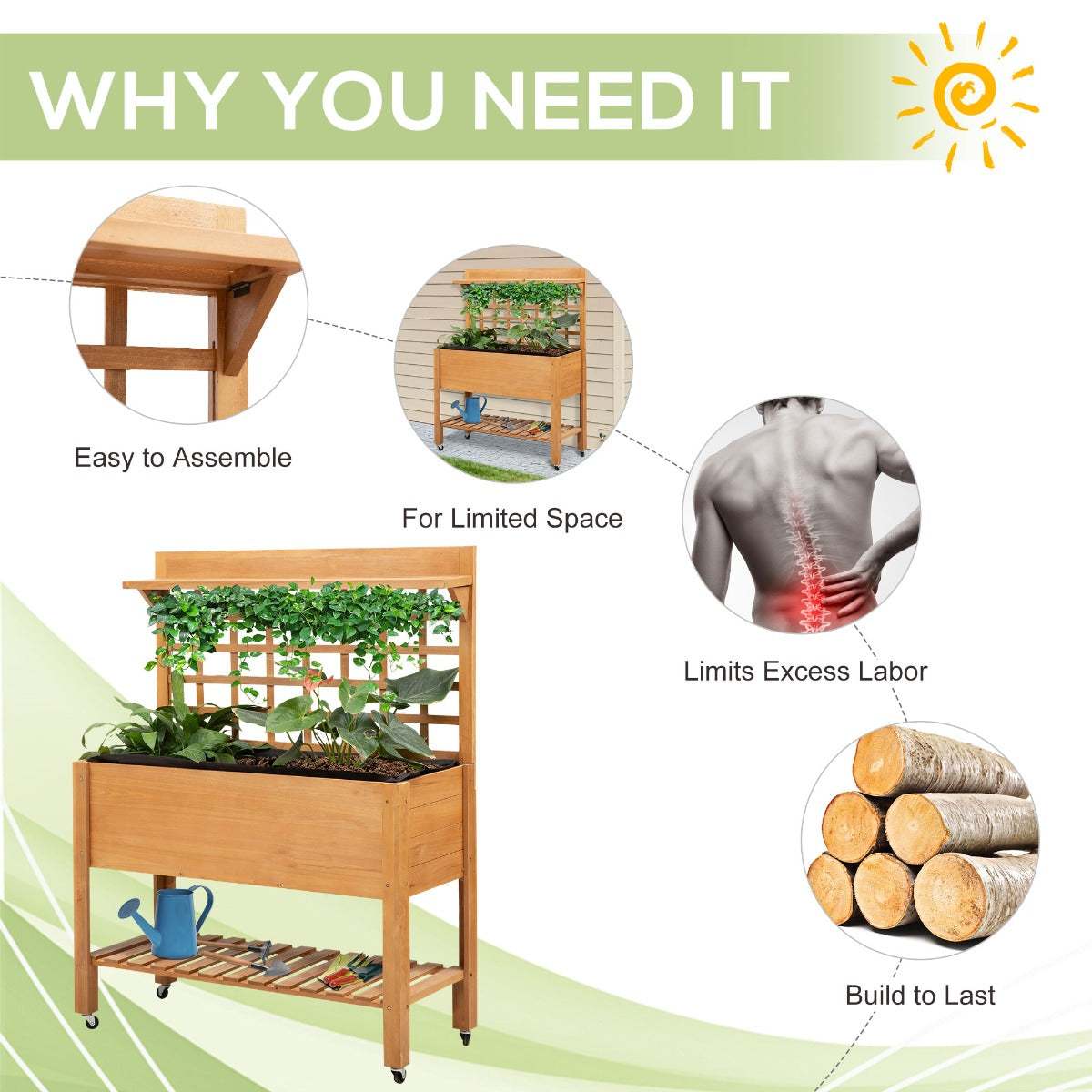 Elevated Wooden Garden Bed with Shelf and Wheels - Outdoor Herb Planter 41x18x53 Inches